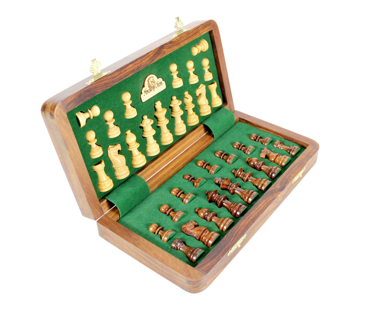 Chess pieces fitted in special inserts made according to the shape of the chess pieces.
